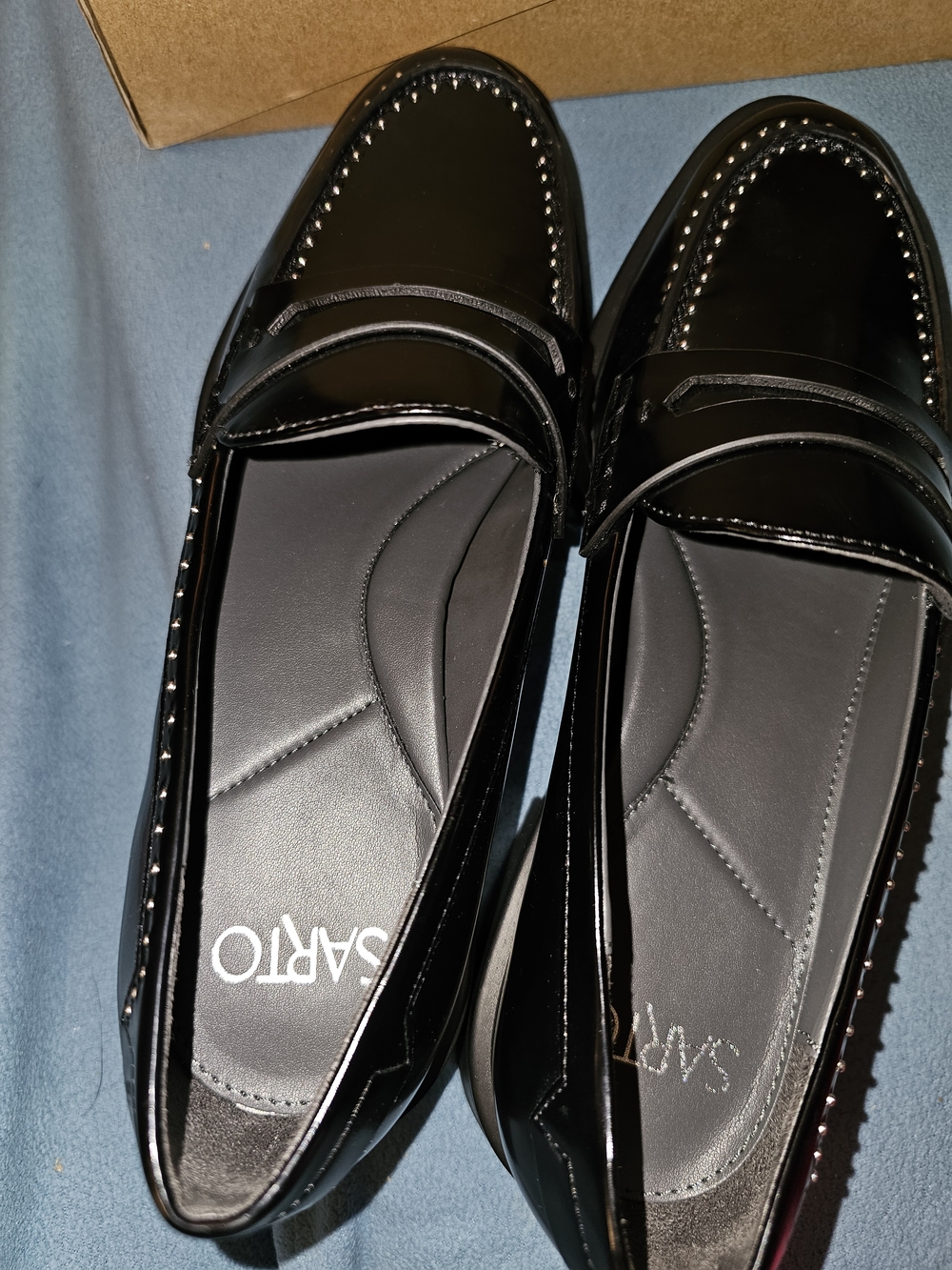 The Franco Sarto Women's Eden Black Patent Studded Penny Loafers - Picture 3 of 10